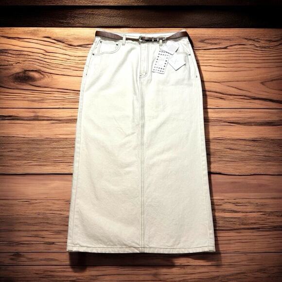 Le’ ALX Dresses & Skirts - NEW Le' AL.X Ivory White Denim Pencil Maxi Skirt Contrast Stitch Back Slit 32